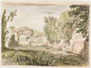 Paysage avec arbres, ruine et trois figures